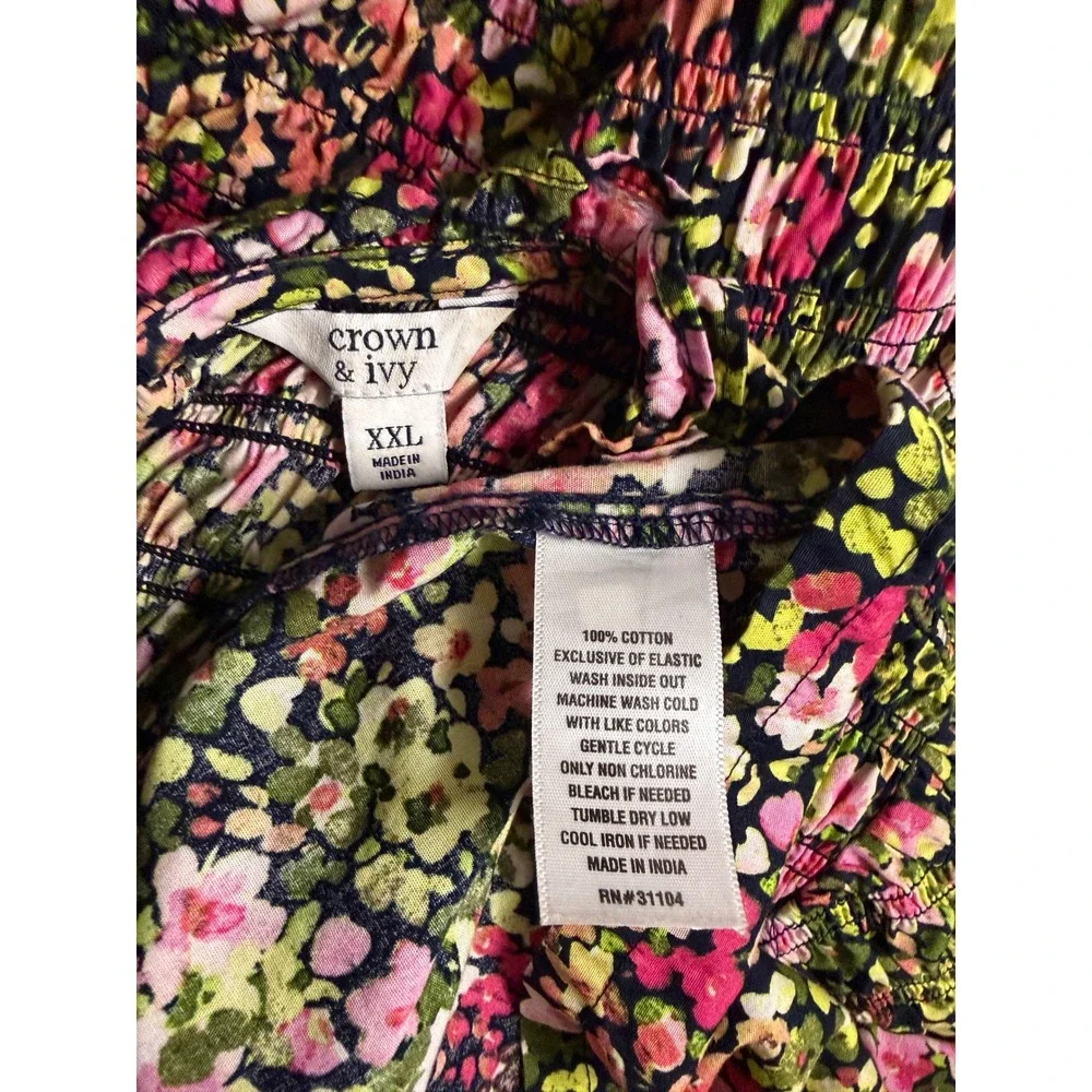 Crown & Ivy Floral Smocked Tiered Maxi Dress Pink Green Cotton Short Sleeve XXL - Picture 8 of 9